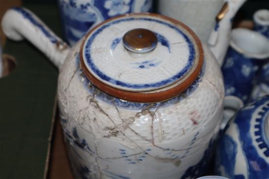 A large collection of 19th century Chinese blue and white vases, bowls, etc. and two famille rose pots
